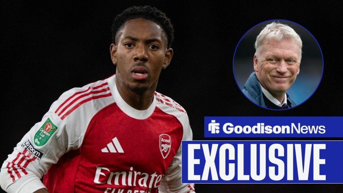 Goodison News exclusive as Myles Lewis-Skelly is in action for Arsenal, while Everton manager David Moyes smirks in a circular inset.