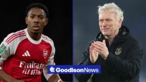 Myles Lewis-Skelly is in action for Arsenal in the left half of a split image, as Everton manager David Moyes applauds on the right.