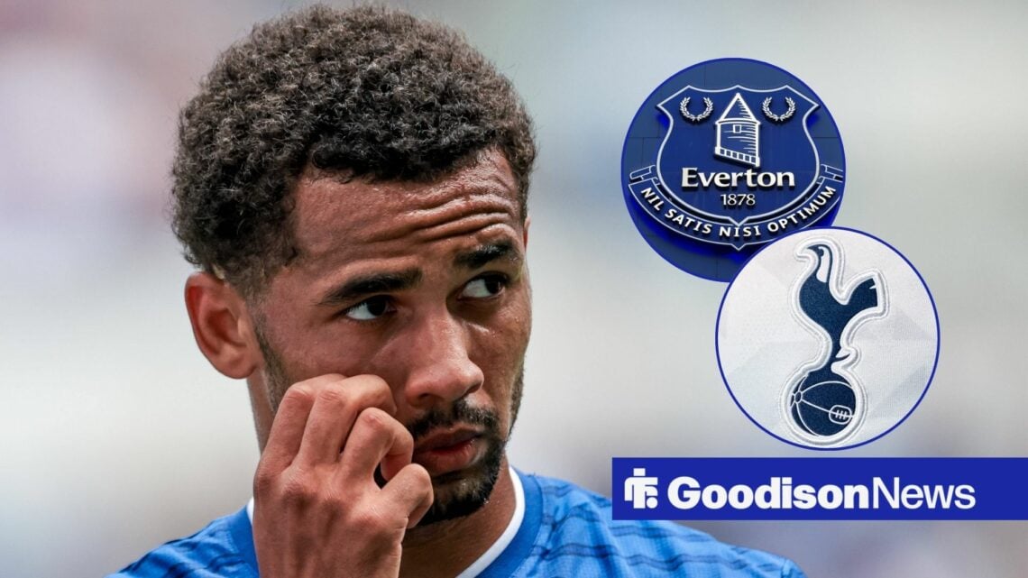 Iliman Ndiaye looking at Tottenham and Everton badges in circular insets