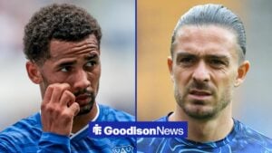 Everton forward Iliman Ndiaye looking at Jack Grealish in split image