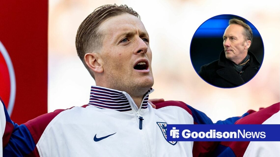 Jordan Pickford sings the national anthem in an England jacket and Lee Dixon in an overlay