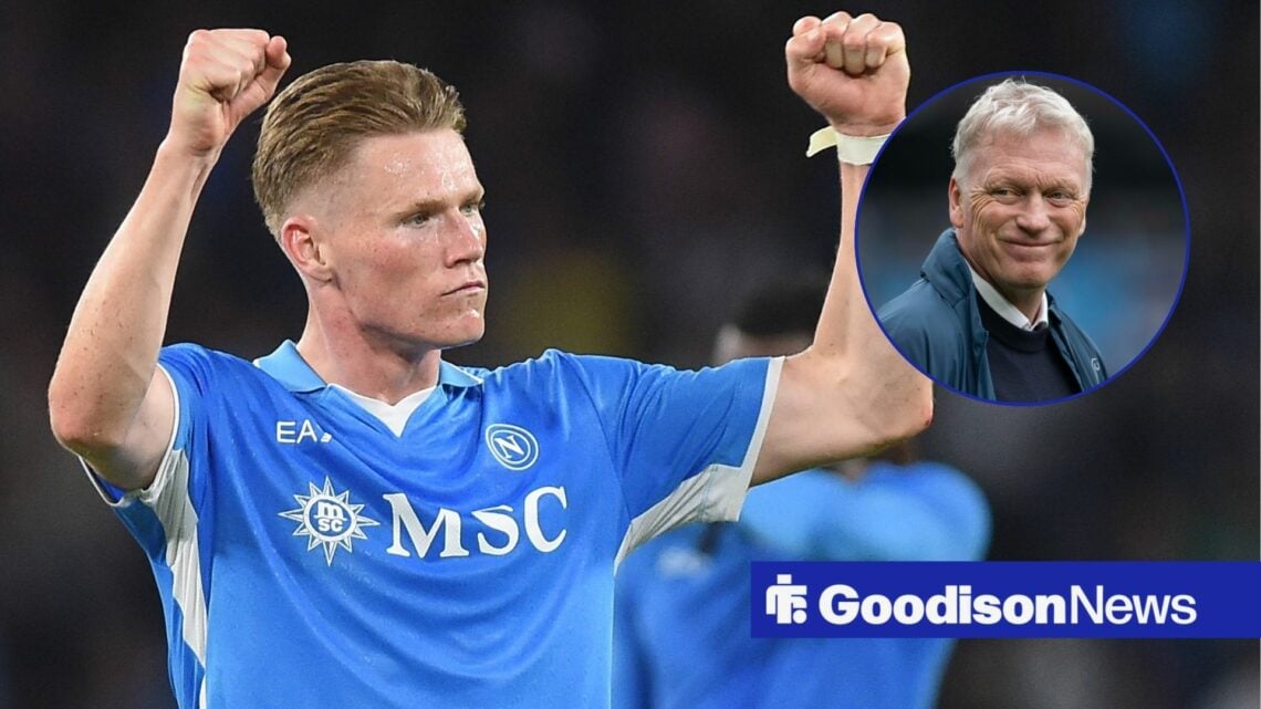 Napoli midfielder Scott McTominay punches the air after a game, as Everton manager David Moyes grins in a circular inset.