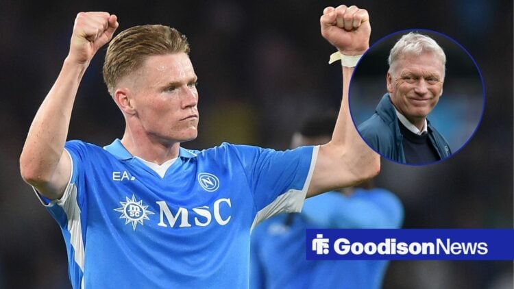 Napoli midfielder Scott McTominay punches the air after a game, as Everton manager David Moyes grins in a circular inset.