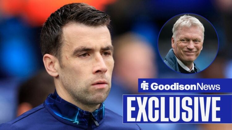 Goodison News exclusive as Seamus Coleman stares towards a circular inset, where Everton manager David Moyes smiles back at him.
