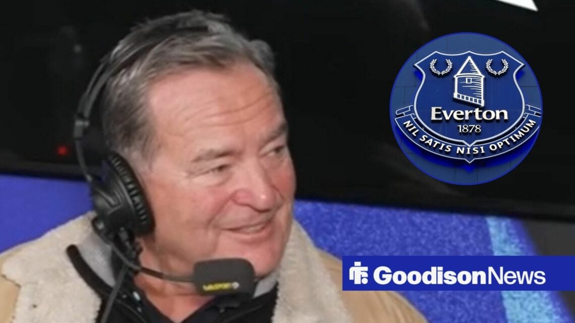 Jeff Stelling smiling at Everton badge in circular inset