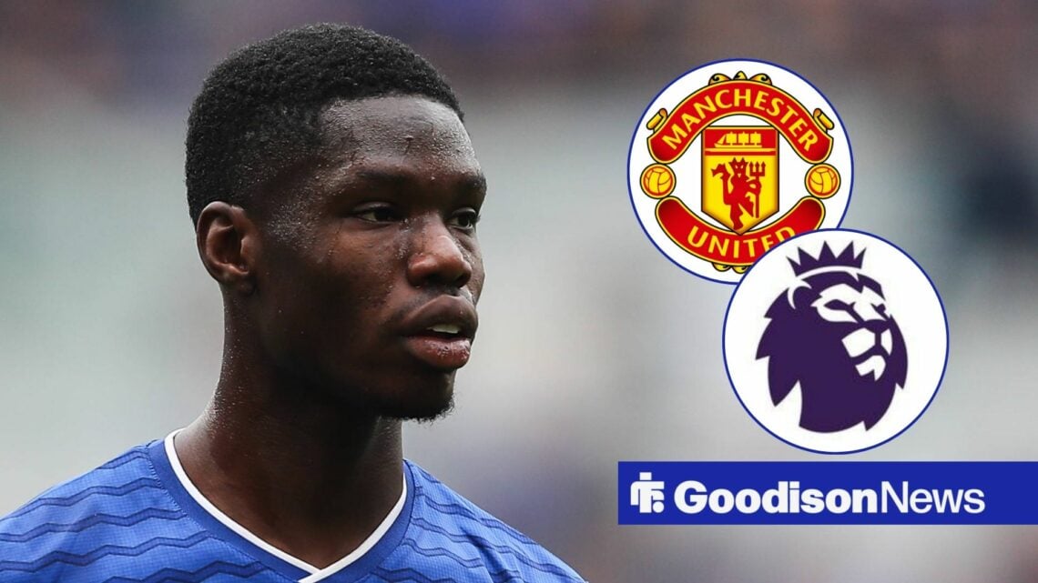 Thierno Barry looking at Manchester United and Premier League badges in circular insets