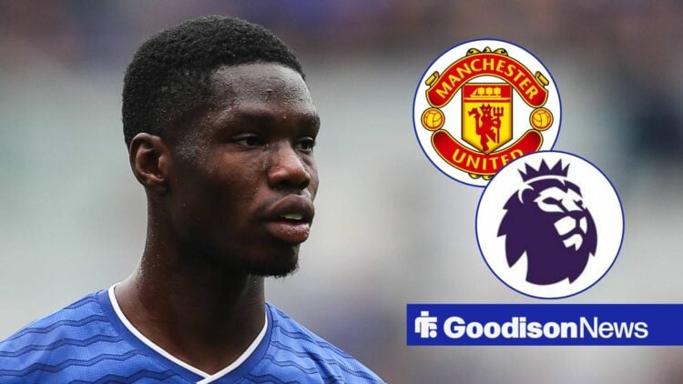 Thierno Barry looking at Manchester United and Premier League badges in circular insets