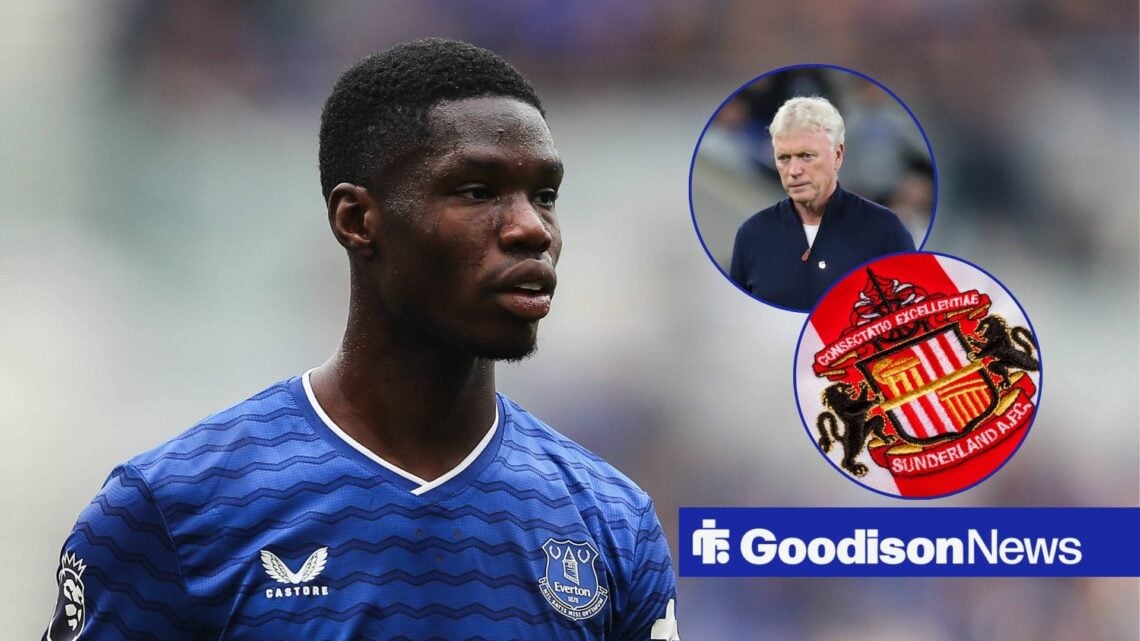 Everton star Thierno Barry looking sad, David Moyes angry and Sunderland badge in inset.