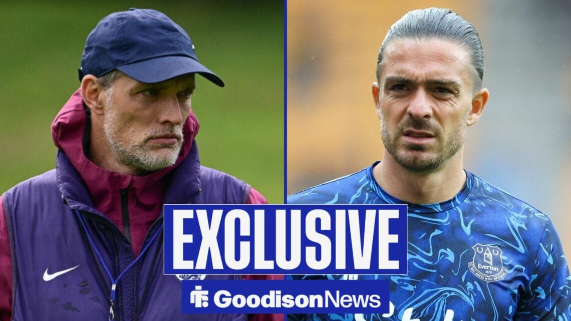 Goodison News exclusive as England manager Thomas Tuchel glances across a split image towards Jack Grealish, who scowls while warming up for Everton.