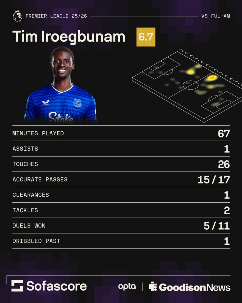 Tim Iroegbunam's stats for Everton vs Fulham.