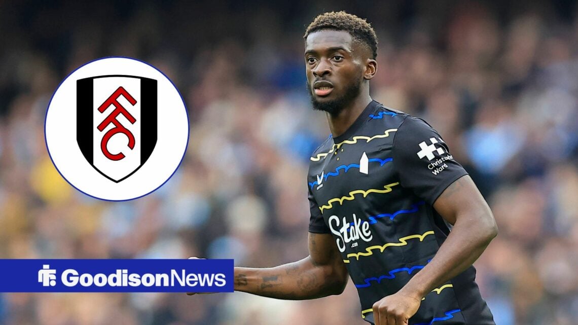 Everton star Tim Iroegbunam in action, Fulham badge in inset.