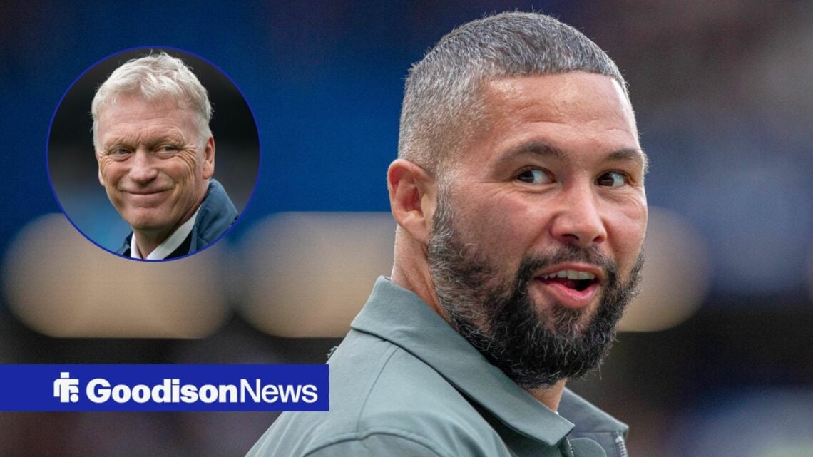 Former boxer Tony Bellew smiles over his shoulder, as Everton manager David Moyes grins in a circular inset.