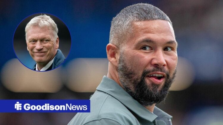 Former boxer Tony Bellew smiles over his shoulder, as Everton manager David Moyes grins in a circular inset.