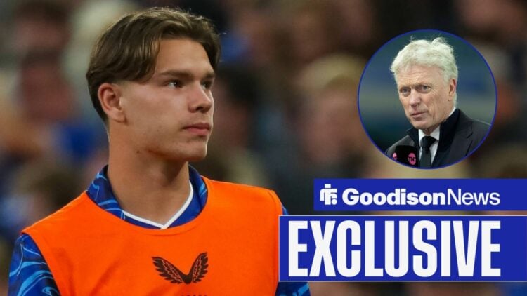 Goodison News exclusive as Everton star Tyler Dibling looks expectant while wearing a substitute's bib, as manager David Moyes is interviewed in a ...