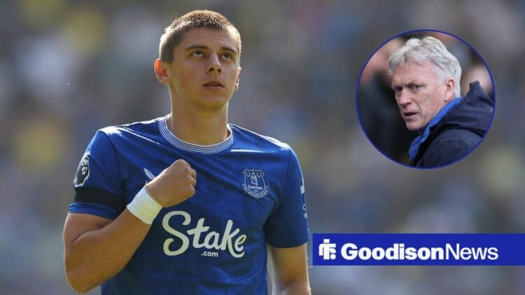 Vitalii Mykolenko stares at the sky during a game for Everton, as manager David Moyes glances across from a circular inset.