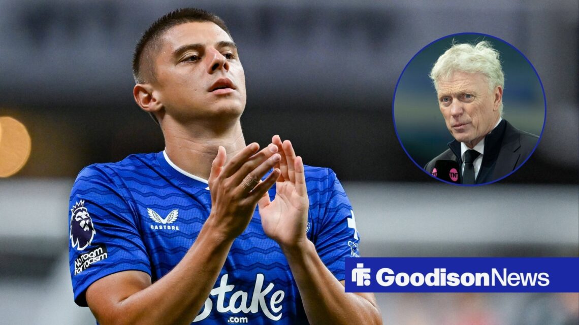 Vitalii Mykolenko applauds after a game for Everton, as manager David Moyes is being interviewed in a circular inset.