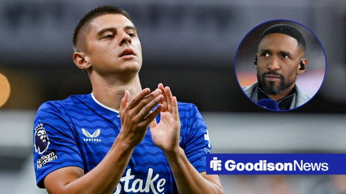 Vitalii Mykolenko applauds after a game for Everton, as pundit Jermain Defoe watches on from a circular inset.