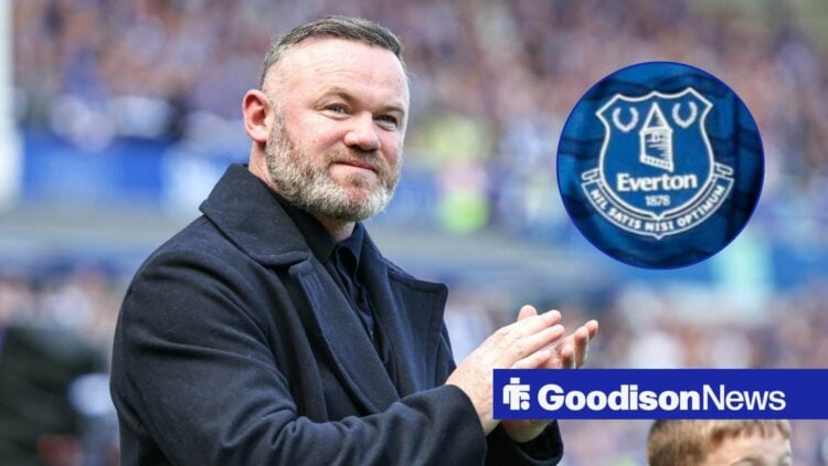 Wayne Rooney clapping, Everton badge in inset.