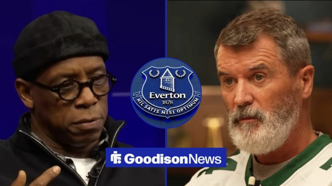 Ian Wright looking at Roy Keane in split image with Everton badge in circular inset