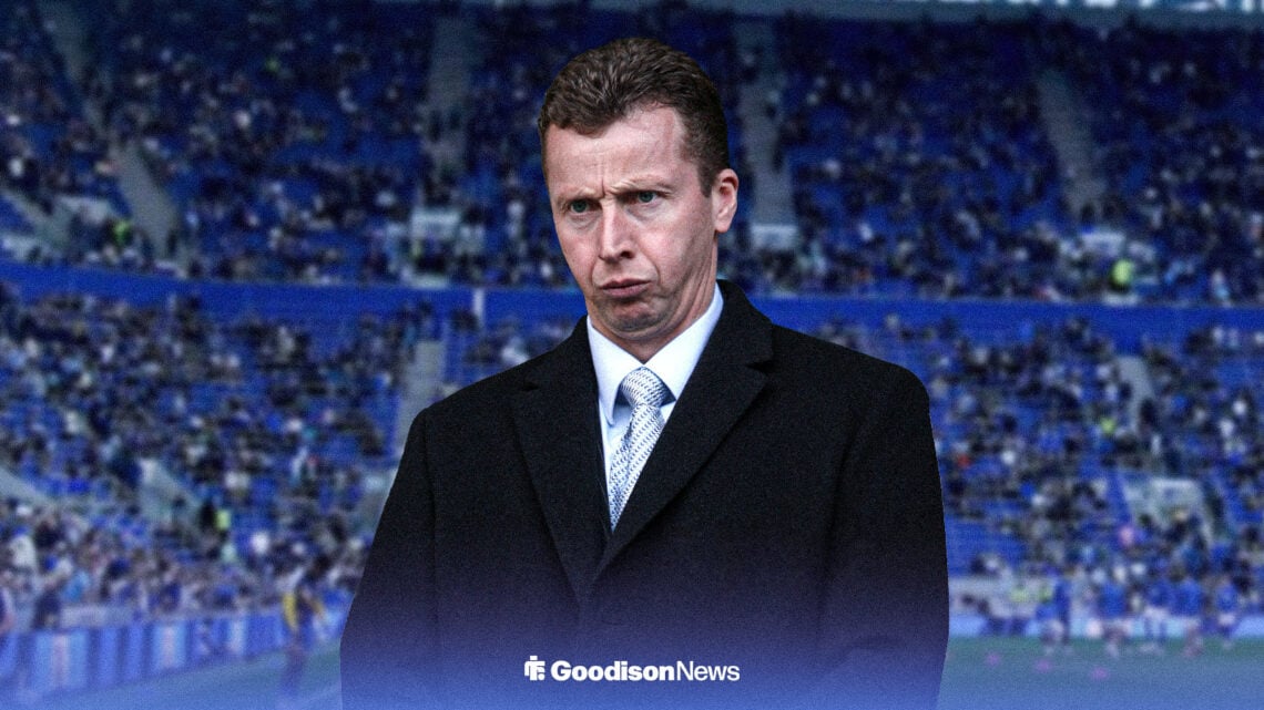 Everton transfer chief Nick Hammond with the Hill Dickinson Stadium in the background.