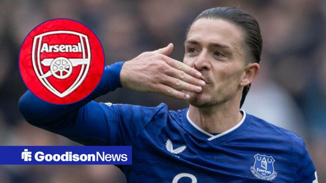 Jack Grealish playing for Everton looking towards a circle inset of the Arsenal badge