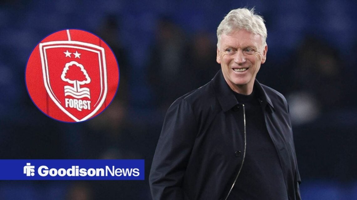 David Moyes smiling at Nottingham Forest badge in circle