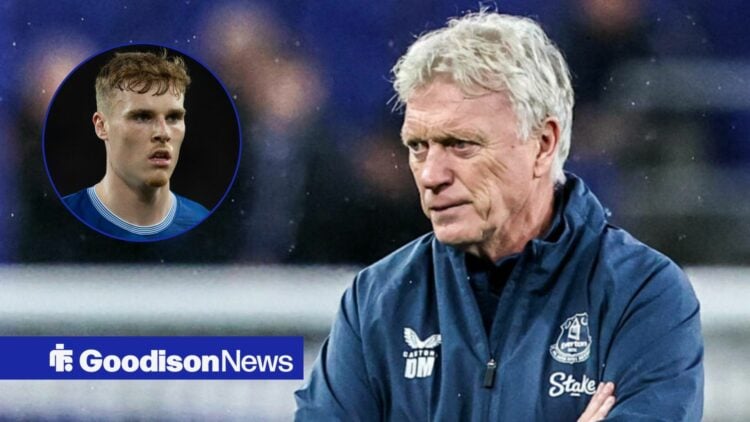 David Moyes looking annoyed towards Jake O'Brien playing for Everton in a circle inset