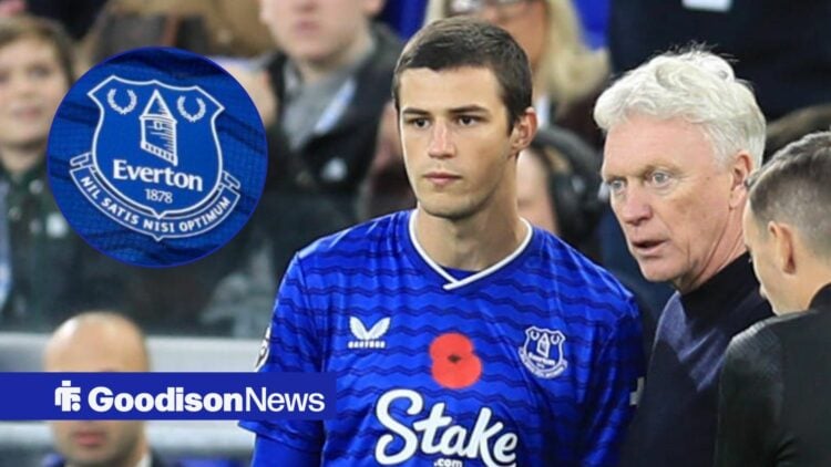 Merlin Rohl and David Moyes looking towards an Everton badge in a circle inset