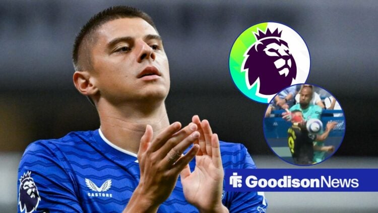 Vitalii Mykolenko playing for Everton looking towards circle insets of the Premier League and Vitalii Mykolenko clashing with Robert Sanchez