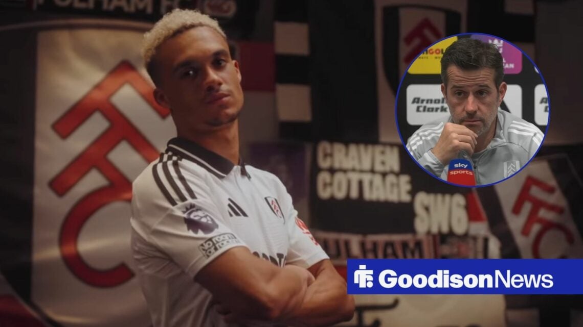 Antonee Robinson looking towards a circle inset of Marco Silva speaking in a Fulham press conference