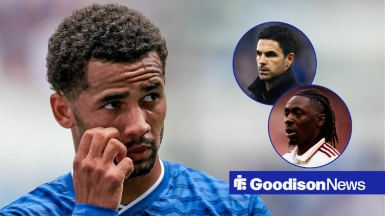 Iliman Ndiaye looking annoyed for Everton towards circle insets of Mikel Arteta and Eberechi Eze playing for Arsenal