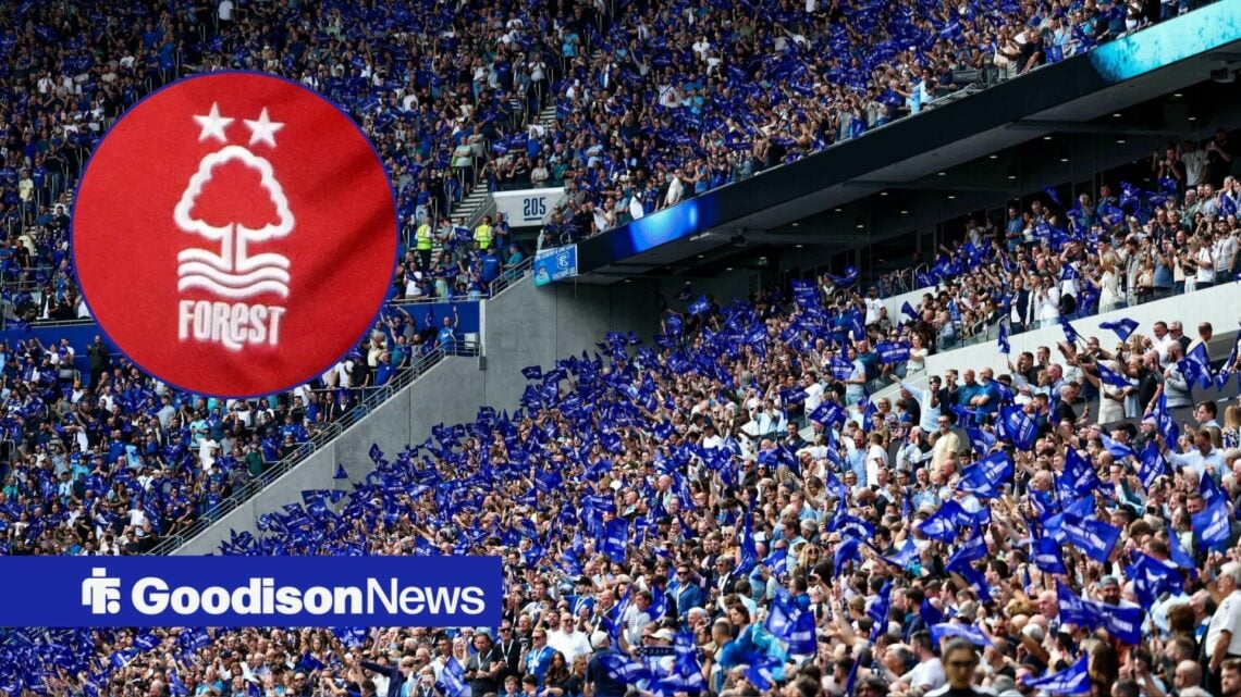 Everton fans at the Hill Dickinson Stadium alongside a circle inset of the Nottingham Forest badge