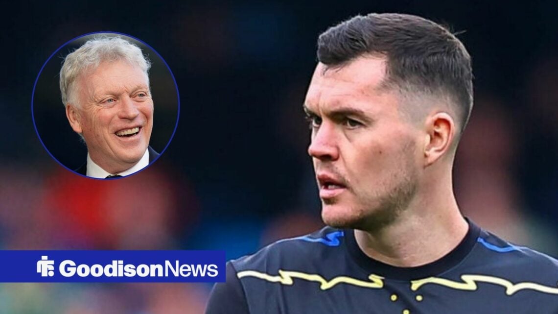 Michael Keane alongside a circle inset of David Moyes.