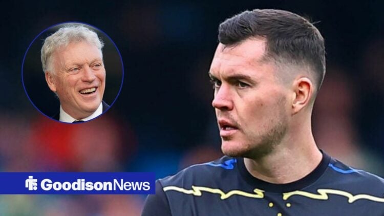 Michael Keane alongside a circle inset of David Moyes.