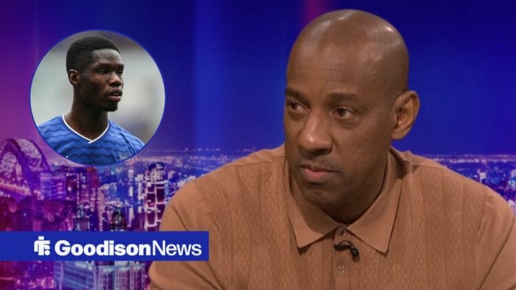 Dion Dublin on Match of the Day looking towards a circle inset of Thierno Barry playing for Everton