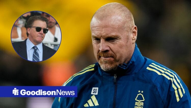 Sean Dyche looking down while Dan Friedkin stares at him.