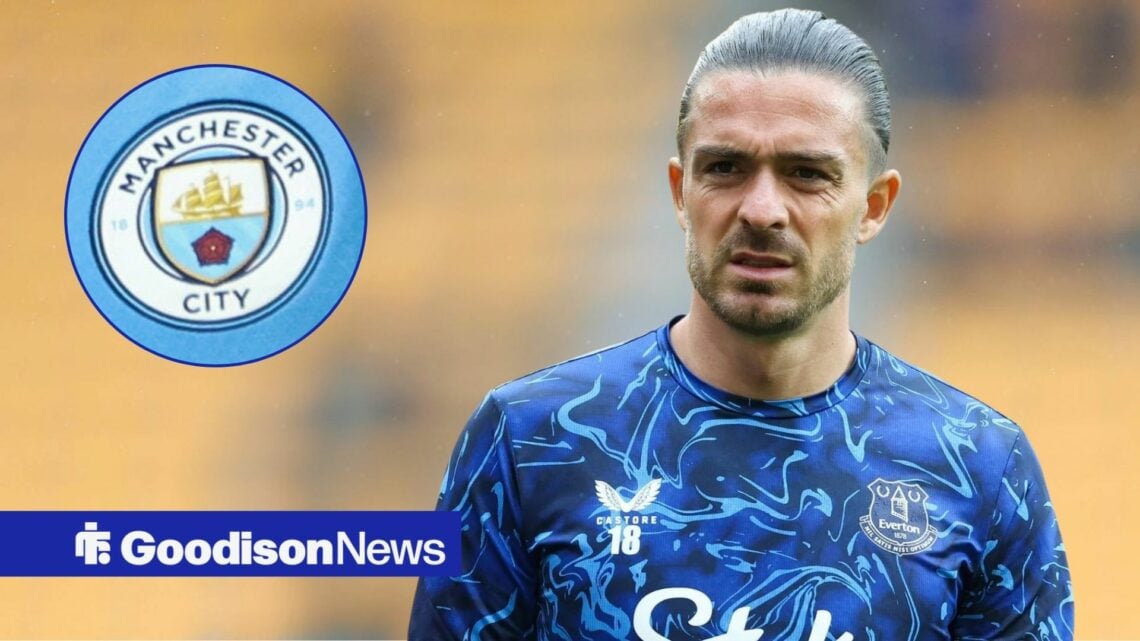 Jack Grealish looking annoyed in Everton training gear looking towards a circle inset of the Manchester City badge