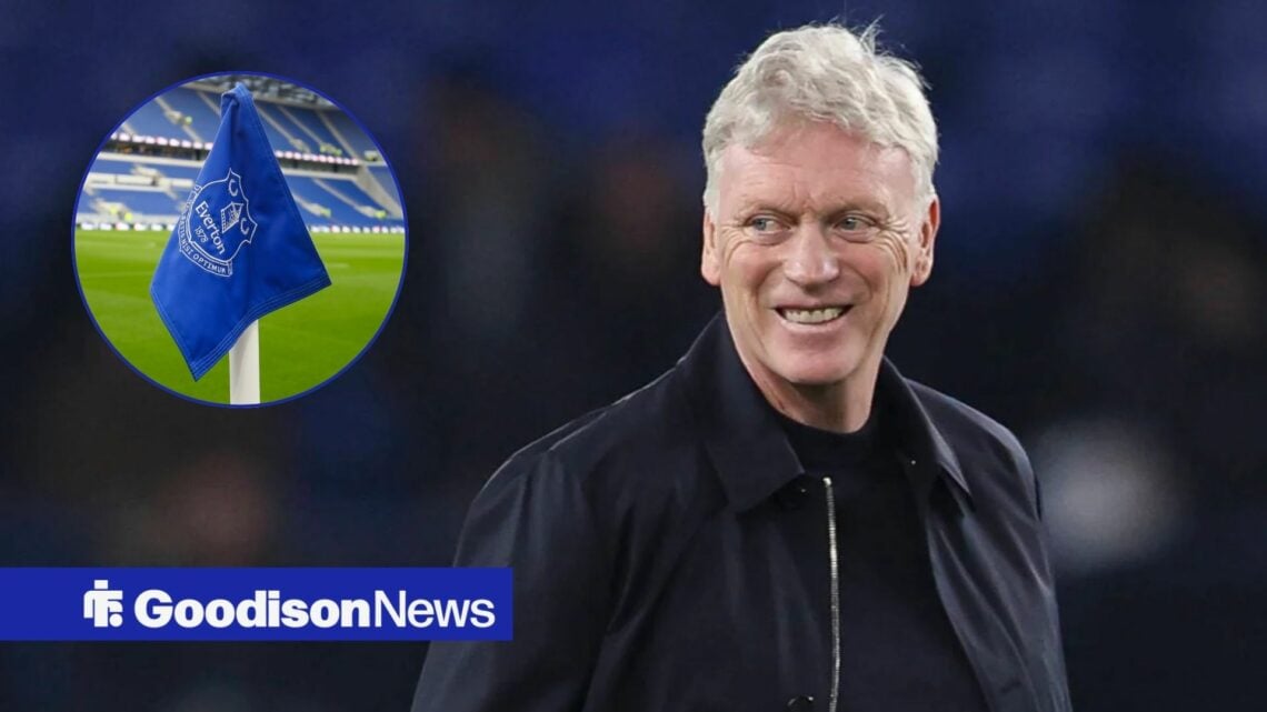 David Moyes smiling looking towards a circle inset of an Everton flag