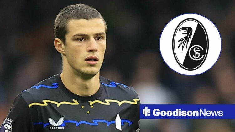 Merlin Rohl playing for Everton looking towards a circle inset of the Freiburg badge