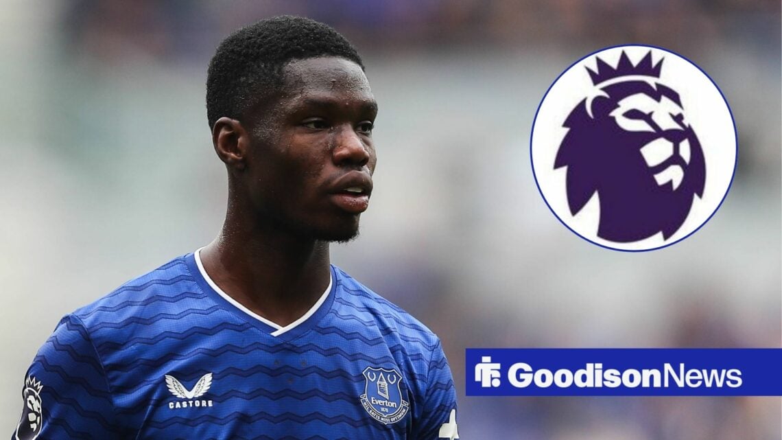 Thierno Barry looking in direction of Premier League badge.