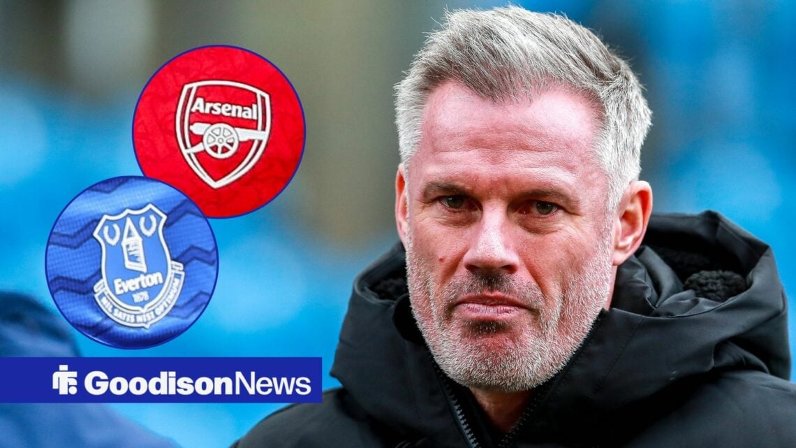 Jamie Carragher with Everton and Arsenal badge in frame