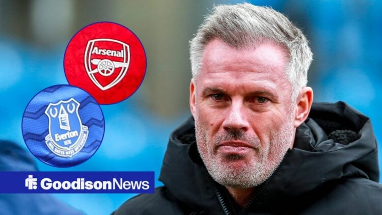 Jamie Carragher with Everton and Arsenal badge in frame