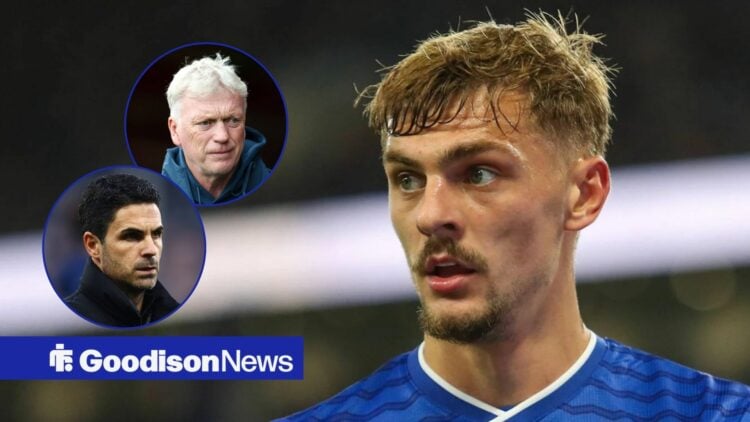 Kiernan Dewsbury-Hall with David Moyes and Mikel Arteta in frame