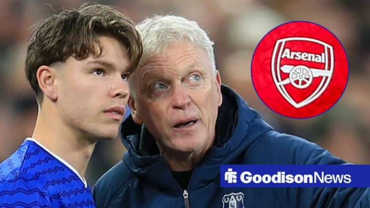 Tyler Dibling and David Moyes with Arsenal badge in frame