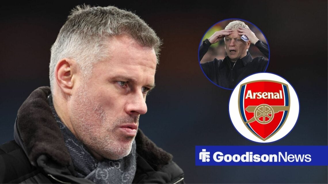 Jamie Carragher looking at a baffled David Moyes and an Arsenal badge.