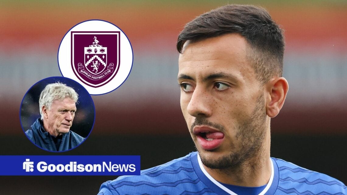 Dwight McNeil looking concerned in the direction of David Moyes and the Burnley badge.