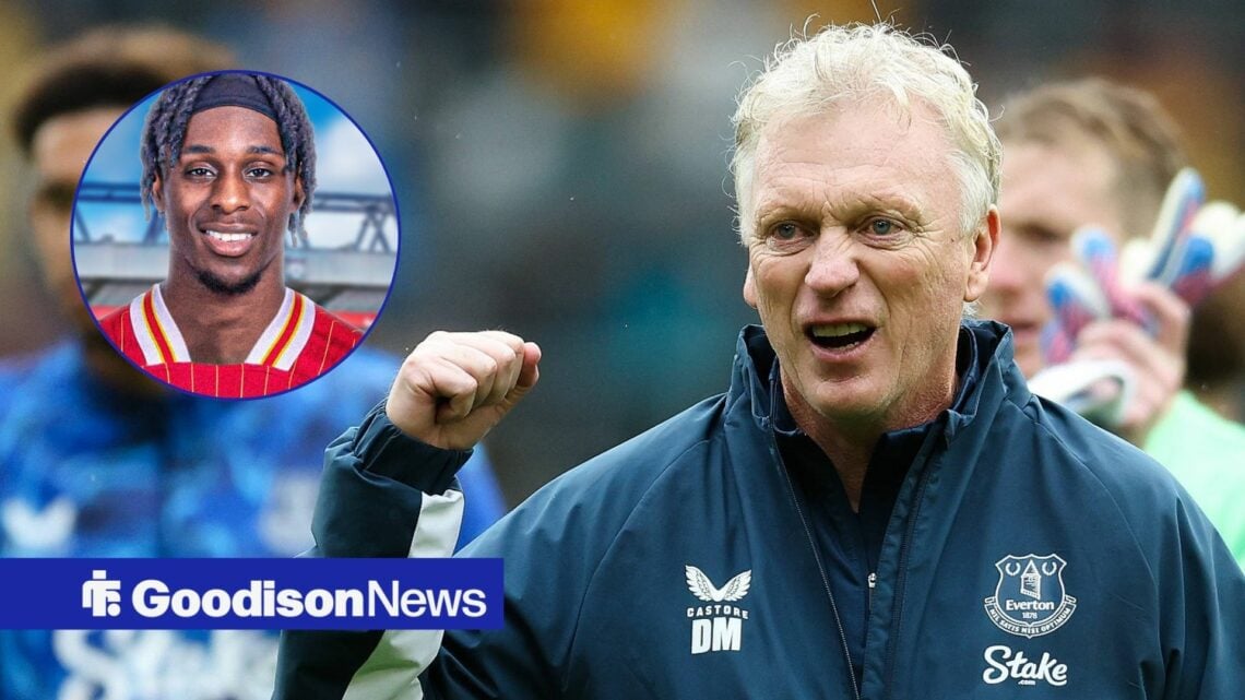 David Moyes celebrating for Liverpool looking towards a circle inset of Jeremie Frimpong in a Liverpool shirt