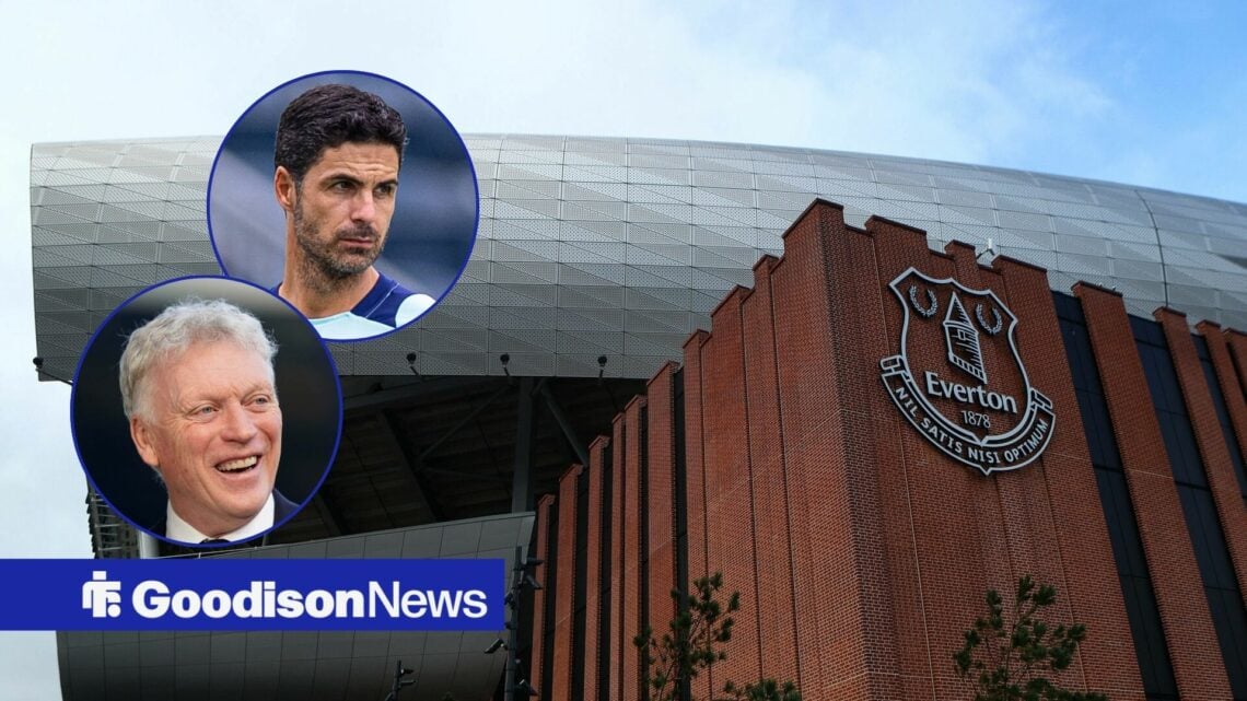 A general shot of Hill Dickinson Stadium, with Mikel Arteta and David Moyes in circular frames