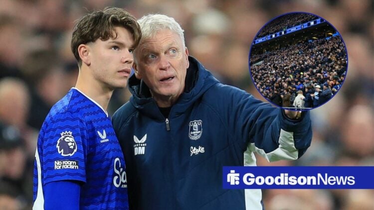 Tyler Dibling and David Moyes with Everton fans in circular inset.