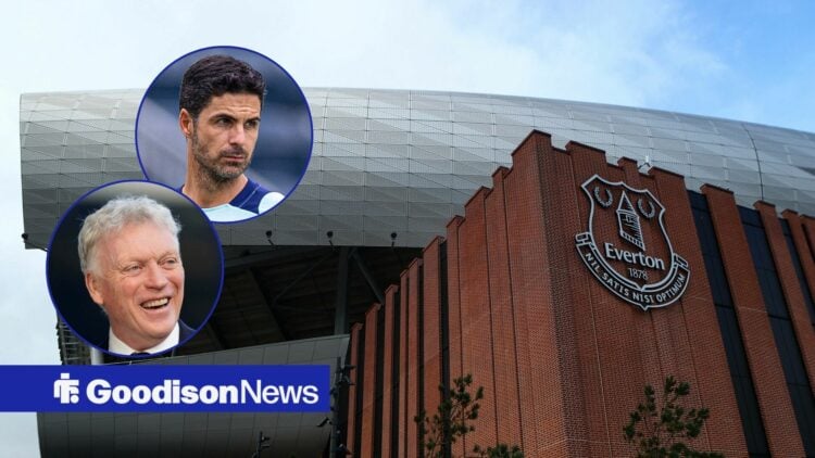 A general shot of Hill Dickinson Stadium, with Mikel Arteta and David Moyes in circular frames